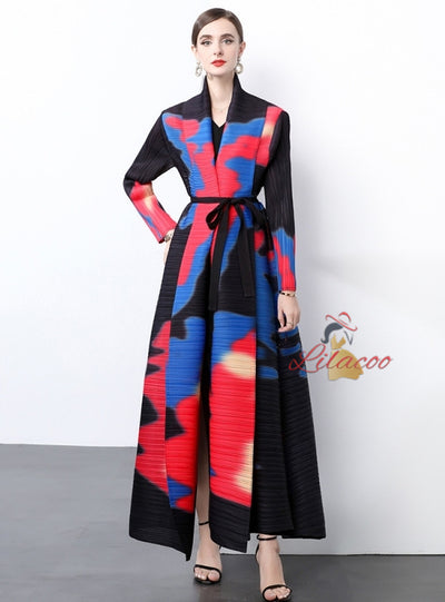 Long Sleeve Pleats Loose Large Print Coat