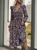 Long-sleeved Printed V-neck Dress