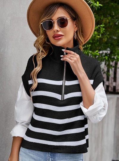 Loose Sleeveless Zipper Striped Knit Vest