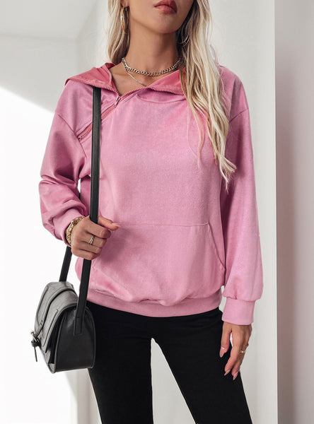 Zipper Pocket Solid Color Hooded Shirt