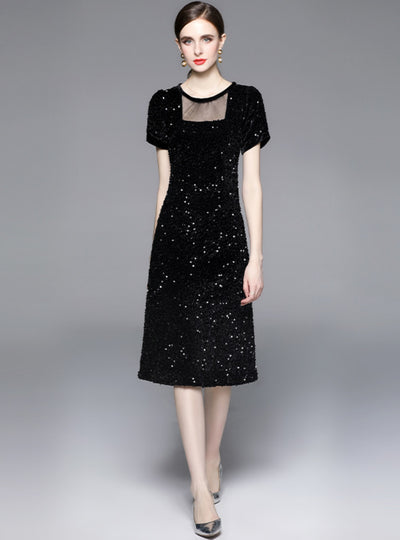 Black Sequined Short Sleeve Dress