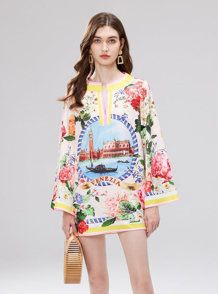 Printed Round Neck Long Sleeve Loose Short Dress