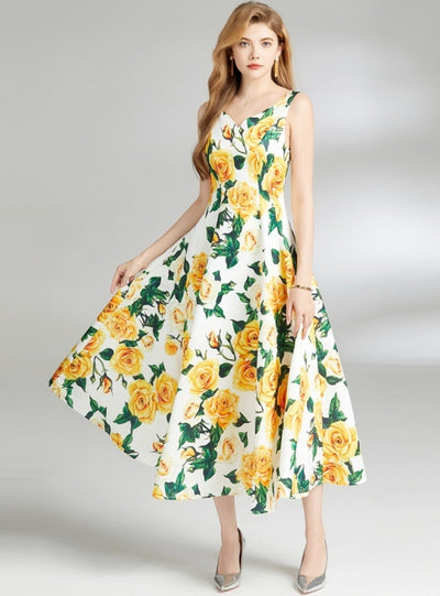 V-neck Backless Sleeveless Print Dress