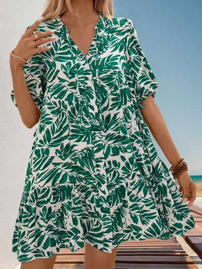 Holiday Printed Loose V-neck Dress