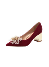 Red Thick-heeled Beads Wedding Shoes