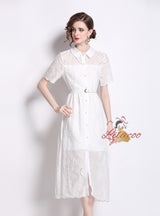 Solid Color Cotton Embroidered Short Sleeve Dress