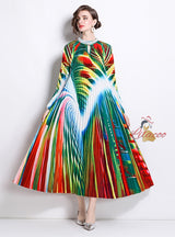 Nail Bead Printed Pleated Pearl Pleated Dress