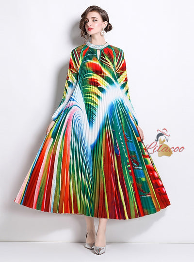 Nail Bead Printed Pleated Pearl Pleated Dress