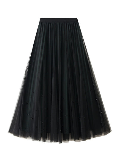 Beaded Gauze Pleated Skirt Worn on Both Sides