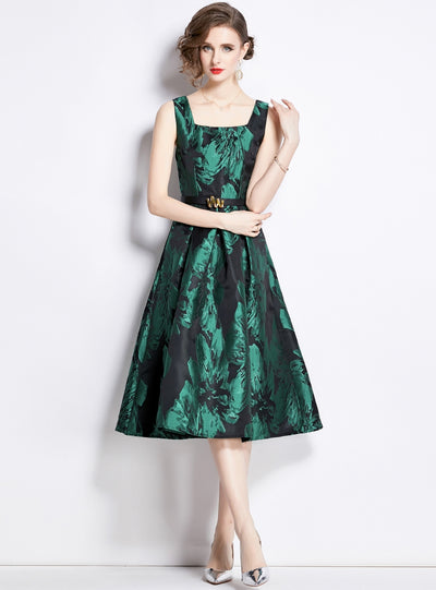 Sleeveless Square Collar Slim Jacquard Dress