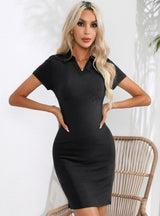 Pit Lapel Short Sleeve Solid Color Dress