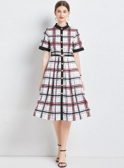 Retro Plaid Striped Dress With Belt