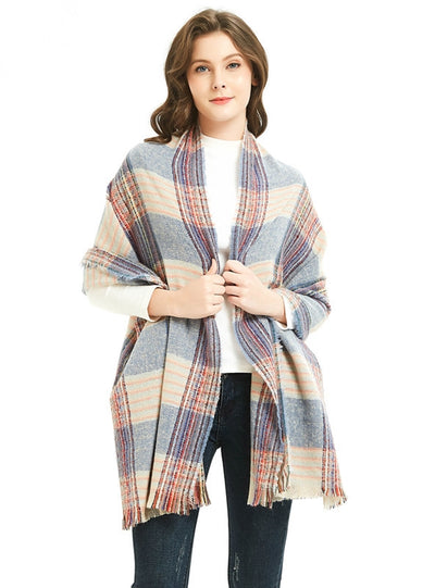 Double Fringed Plaid Scarf Shawl