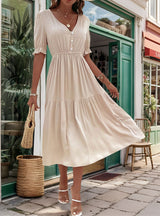 Silm Waist V-neck Solid Color Dress