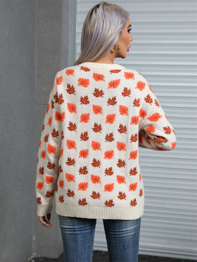 Leaves Print Christmas Crewneck Sweater