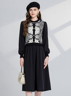 Classical Jacquard Round Neck Long Sleeve Dress