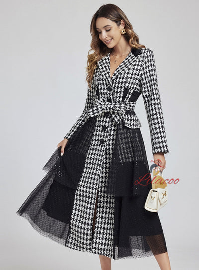 Houndstooth Tweed Sequined Mesh Stitching Coat Dress