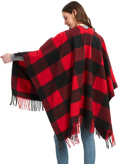 Thickened Plaid Fringed Split Shawl