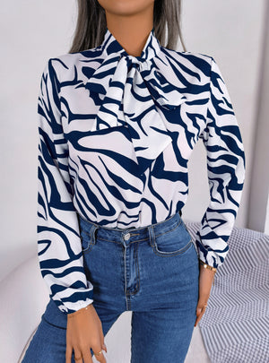 Chiffon Contrasting Stripes Lantern Sleeves Shirt