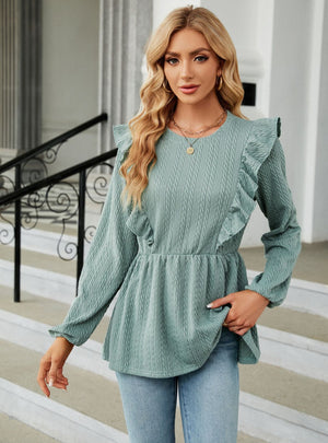 Pleated Spliced Round Neck Long Sleeve T-shirt