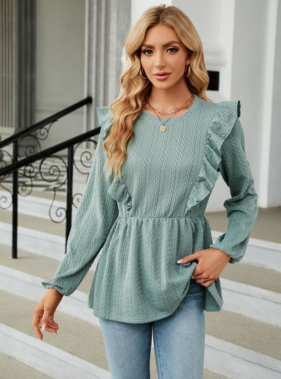 Pleated Spliced Round Neck Long Sleeve T-shirt