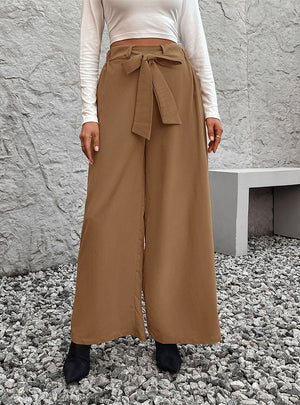 Solid Color Lace-up High Waist Wide-leg Pants