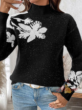 High Neck Contrast Jacquard Pullover Sweater