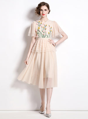 Heavy Mesh Stitching Beaded Flower Dress