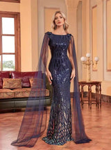 Navy Blue Mermaid Sequins Backless Prom Dress