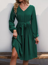 V-neck Long Sleeve Lace-up Dress