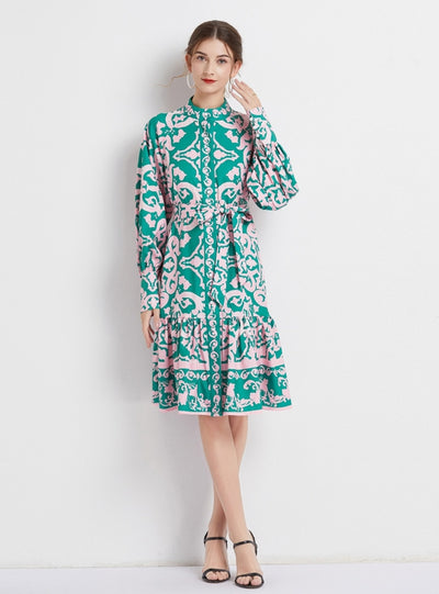 Printed Lantern Sleeve Palace Retro Dress