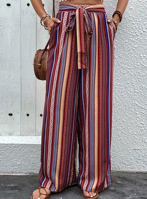 Printed Long High Waist Elastic Wide-leg Pants