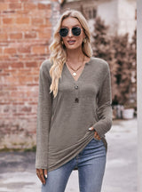 Casual V-neck Button Long Dleeve T-shirt