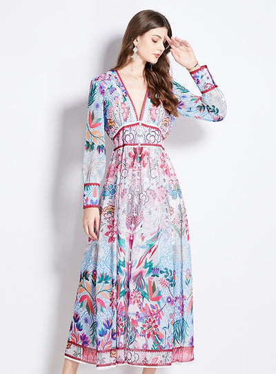 V-neck Printed Long Sleeve Dress