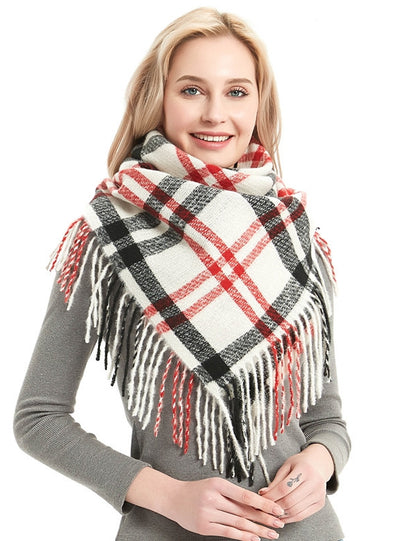 Fringed Square Scarf Black and White Plaid Shawl