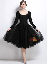 Square Neck Puff Sleeve Stitching Mesh Dress