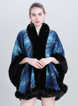 Plaid Padded Fur Collar Shawl Cloak