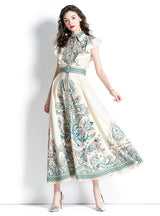 Palace Style Lapel Sleeveless Print Long Dress