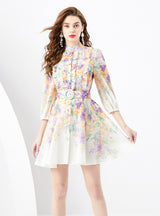 Retro Long Sleeve Short Mini Print Dress