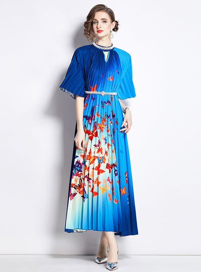 Printed Beaded Pleated Long Dress