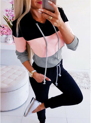 Sexy Color Matching Hooded Loose Long-sleeved Top