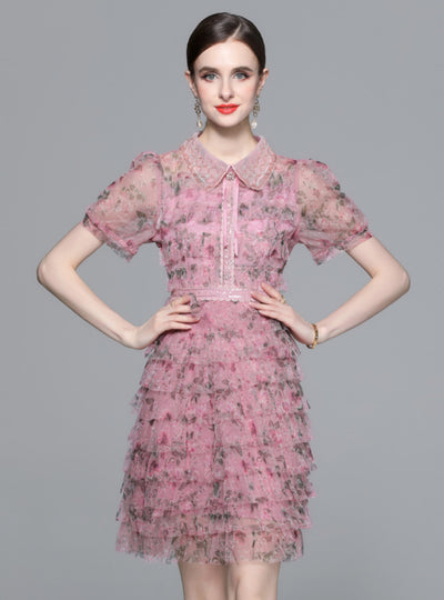 Pink Floral Gauze Cake Dress