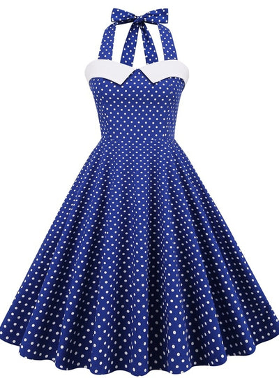 Retro Polka-dot Stitching Halter Big Swing Dress