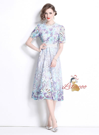 Slim Lace Print Short Sleeve Long Dress