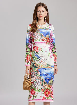 Landscape Print Slim Round Neck Long Sleeve Dress