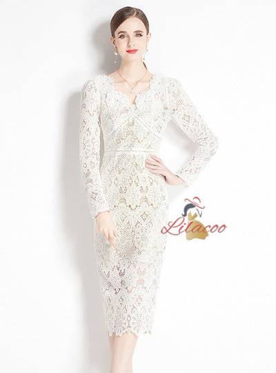 Lace V-neck Slim Mid-length Dress