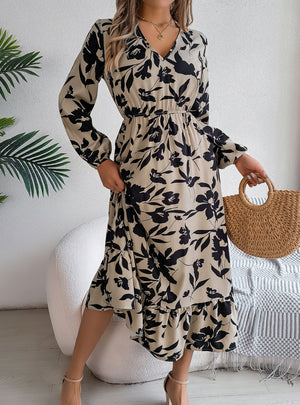 Leisure Flower Long Sleeve Ruffled Dress