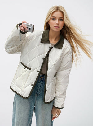 Contrast Rhombic Lapel Short Cotton-padded Jacket