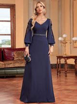 Navy Blue Long Sleeve Beading Prom Dress