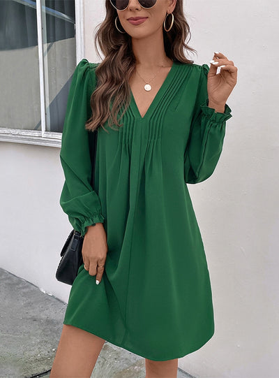 V-neck Pleated Long Sleeve Dress